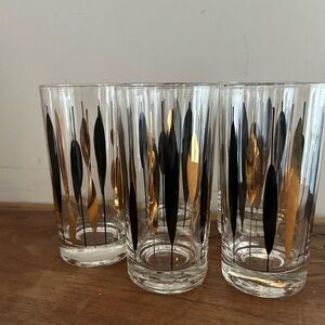 5-MCM Federal Glass Co. Black & Gold Cattail Atomic Highball Glasses Leaf